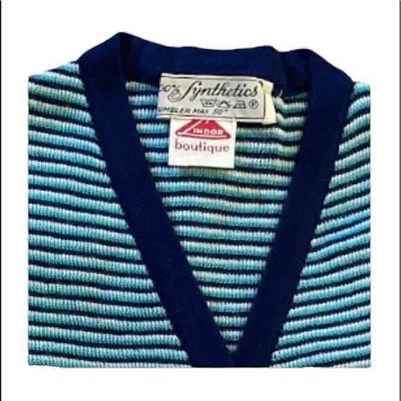 Vintage Blue and Green Striped Stretchy short sleeve snap button Top - Picture 3 of 5